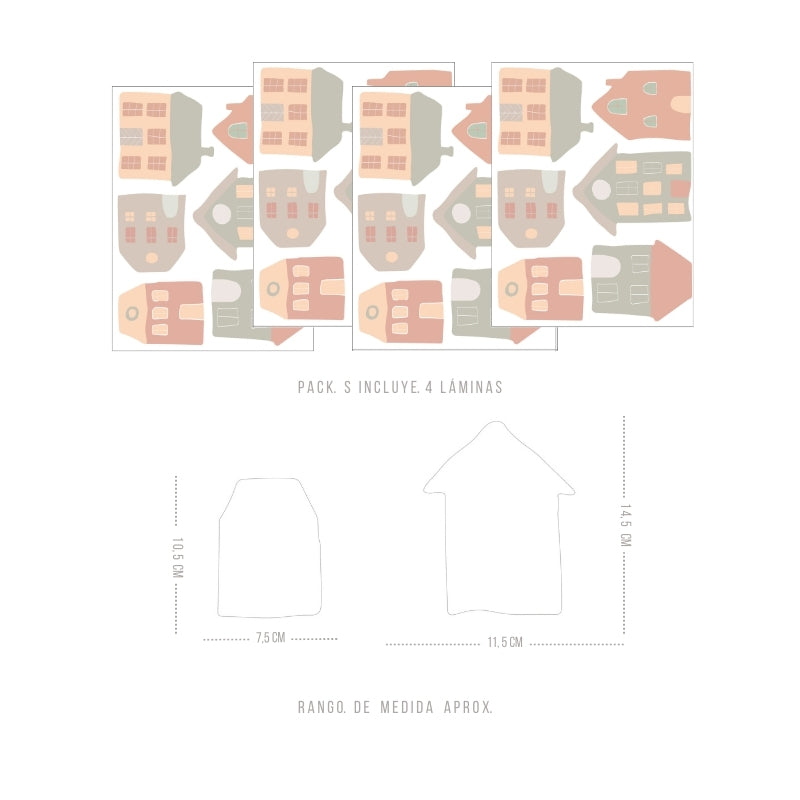 Stickers Decorativos Para Muros - Casitas Tricolor Naranjo | Murami