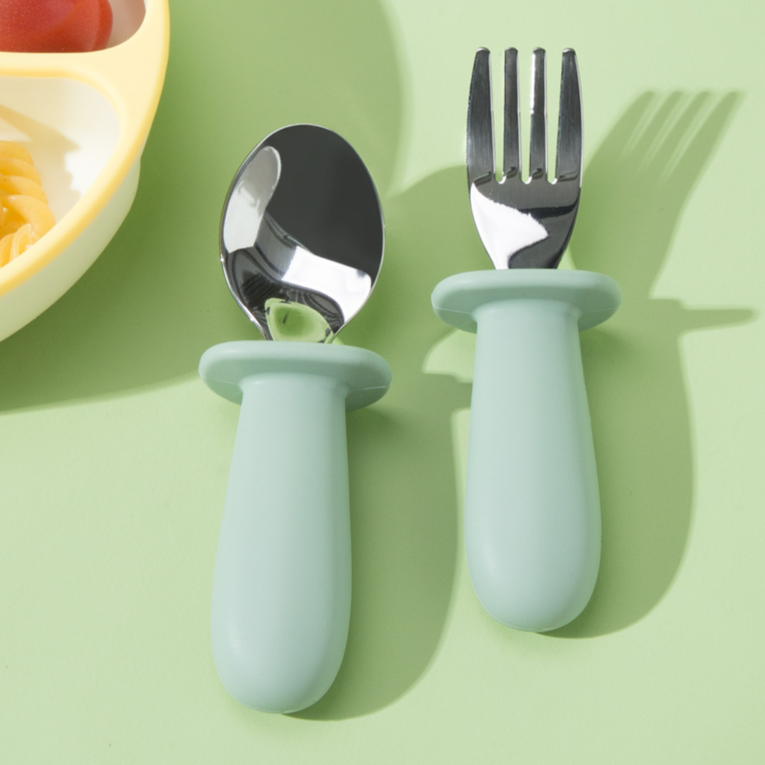 Cubiertos de Acero con Mango de Silicona - Verde | The Baby Nation