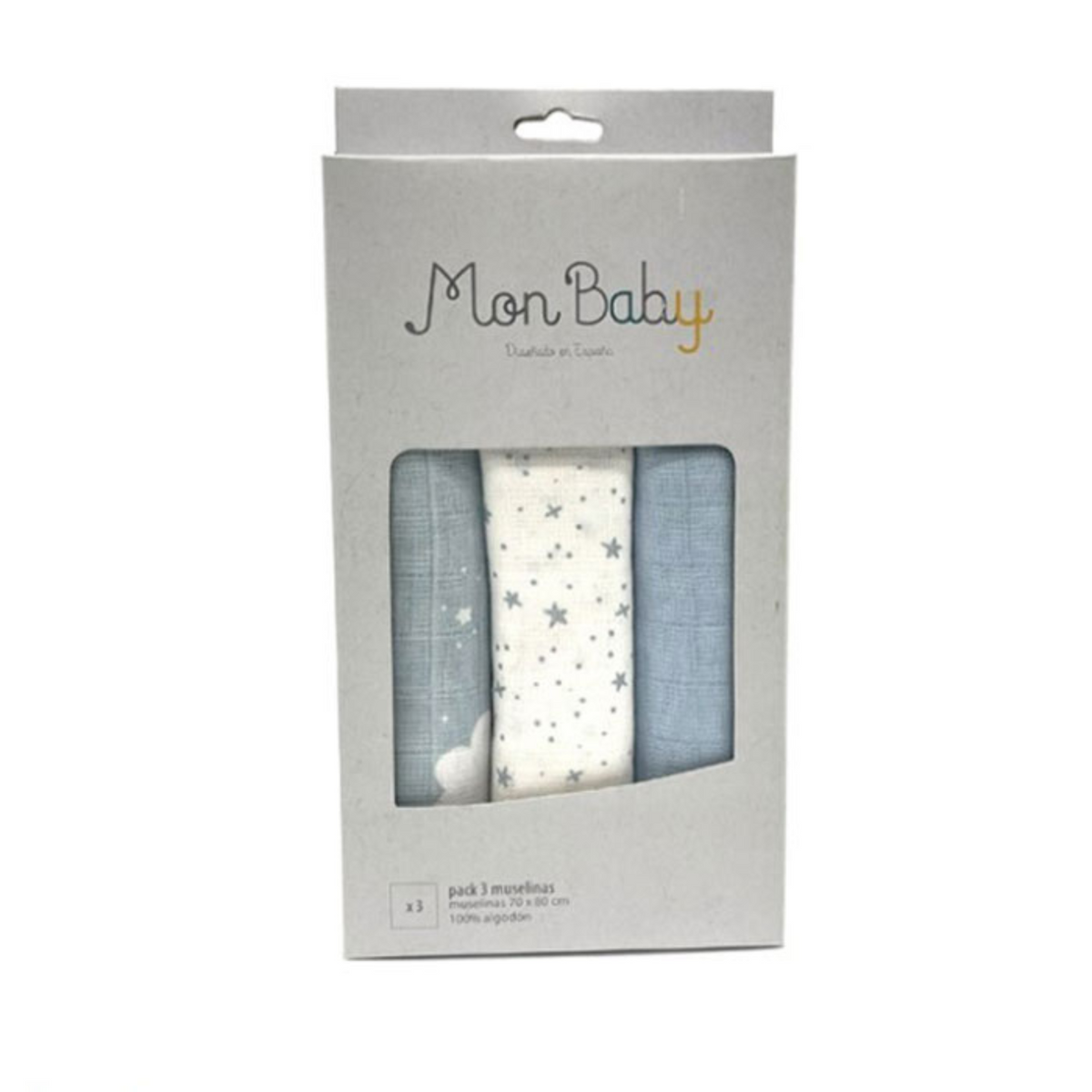 Pack de 3 Muselinas 80x70 cm - Estrellas Celeste | Mon Baby