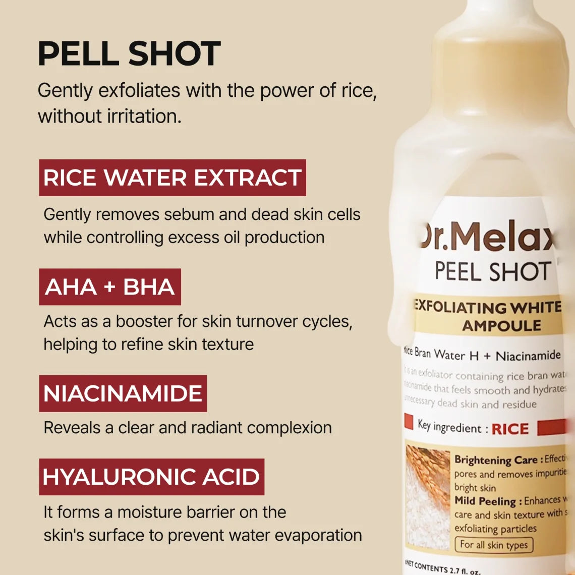 Dr Melaxin Peel Shot Απολεπιστική Αμπούλα Λευκού Ρυζιού 80ml