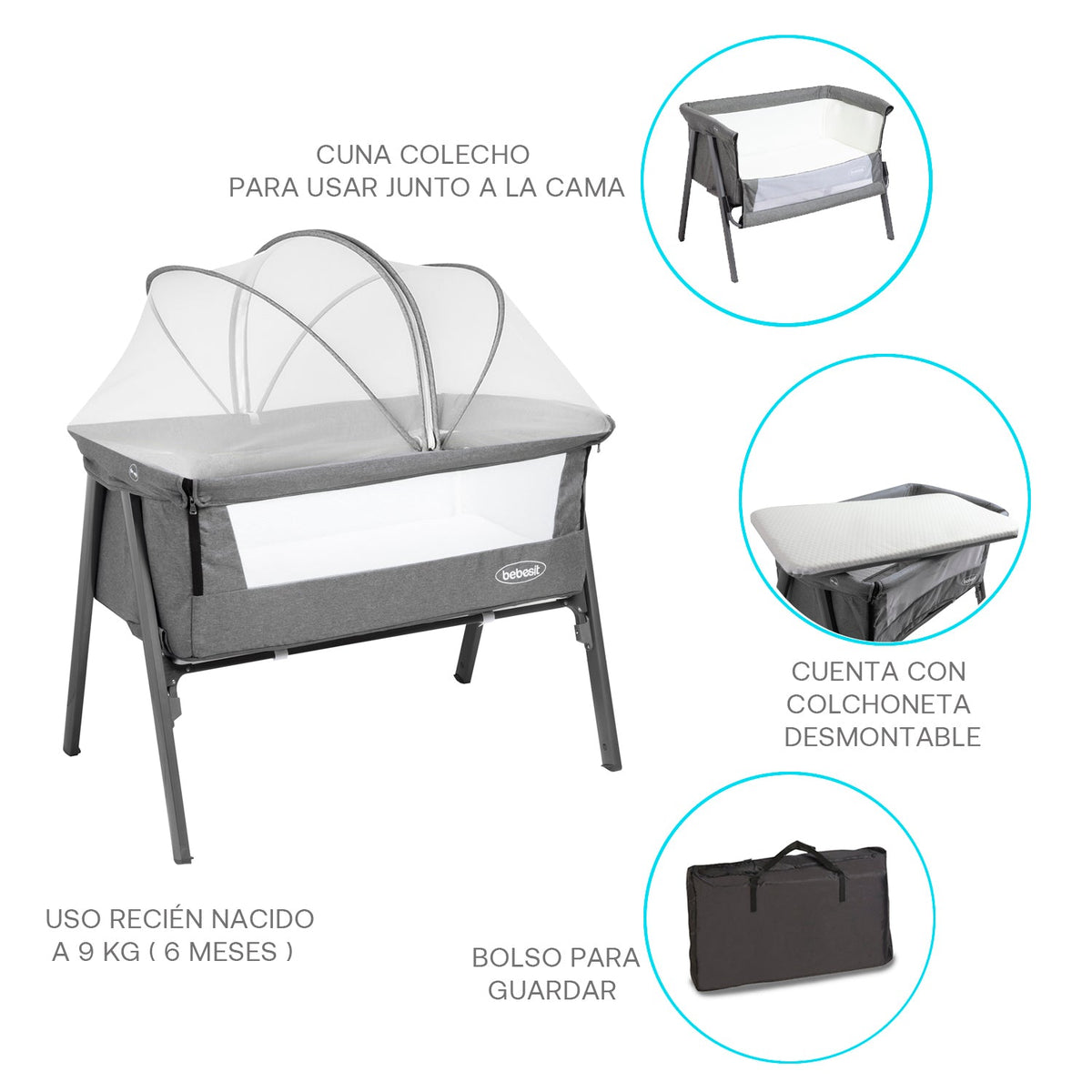 Cuna Colecho Easy LX con Mosquitero  - Gris | Bebesit