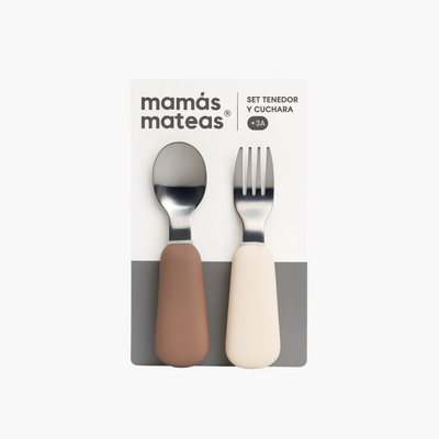 Set de Cuchara y Tenedor de Acero con Mango de Silicona - Lino | Mamás Mateas
