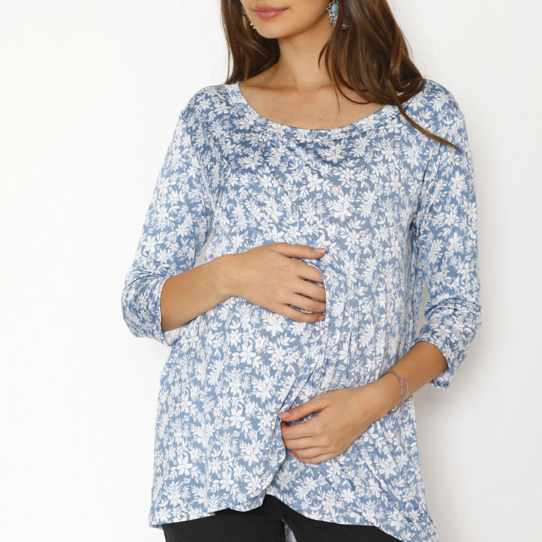 Nursing Shirt - Sky Blue Flowers