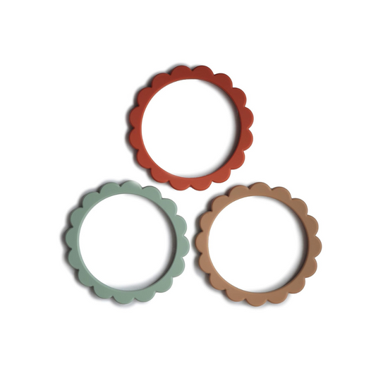 Pack de 3 Pulseras Mordedores de Silicona - Flower - Cambridge Blue / Clementine / Natural | Mushie