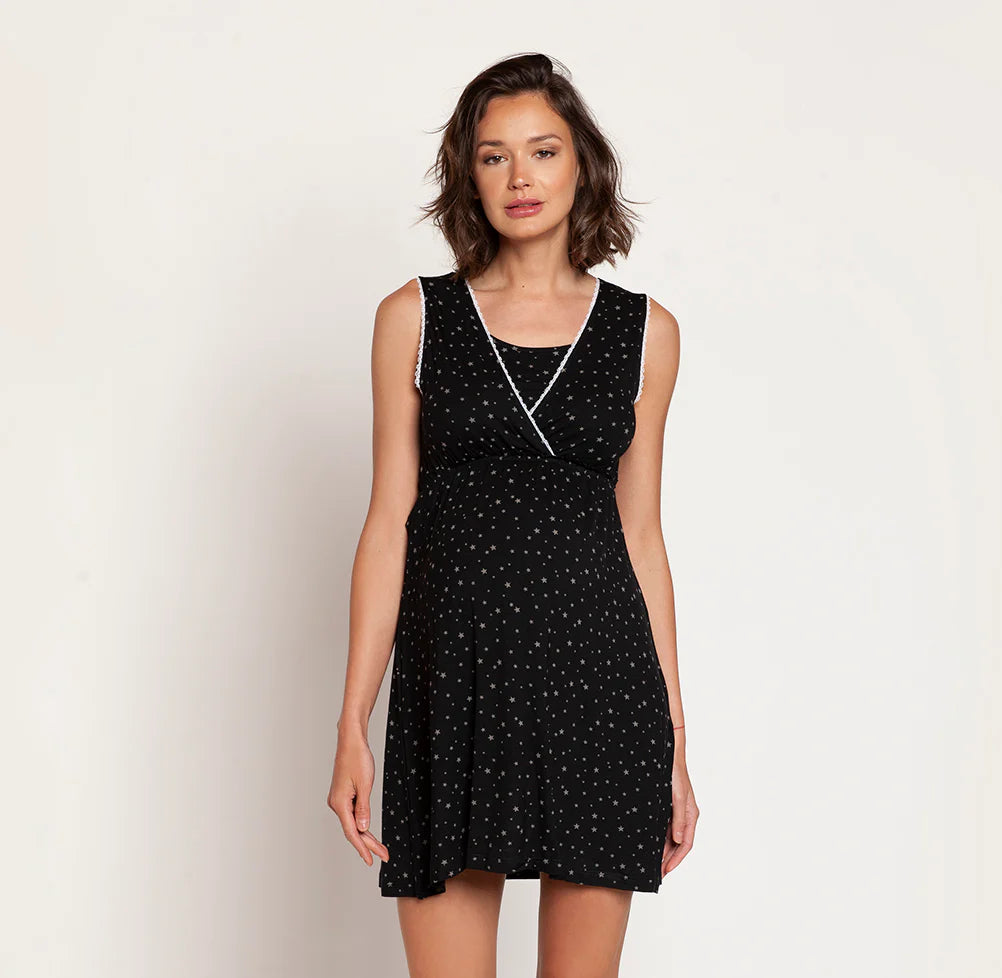 Camisa de Dormir y de Lactancia con Peto - Negro Estrellas | Nala Maternity