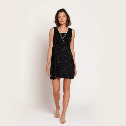 Camisa de Dormir y de Lactancia con Peto - Negro Estrellas | Nala Maternity