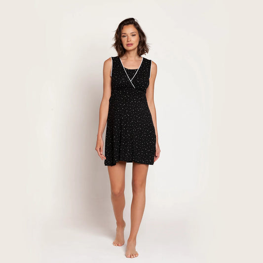 Camisa de Dormir y de Lactancia con Peto - Negro Estrellas | Nala Maternity