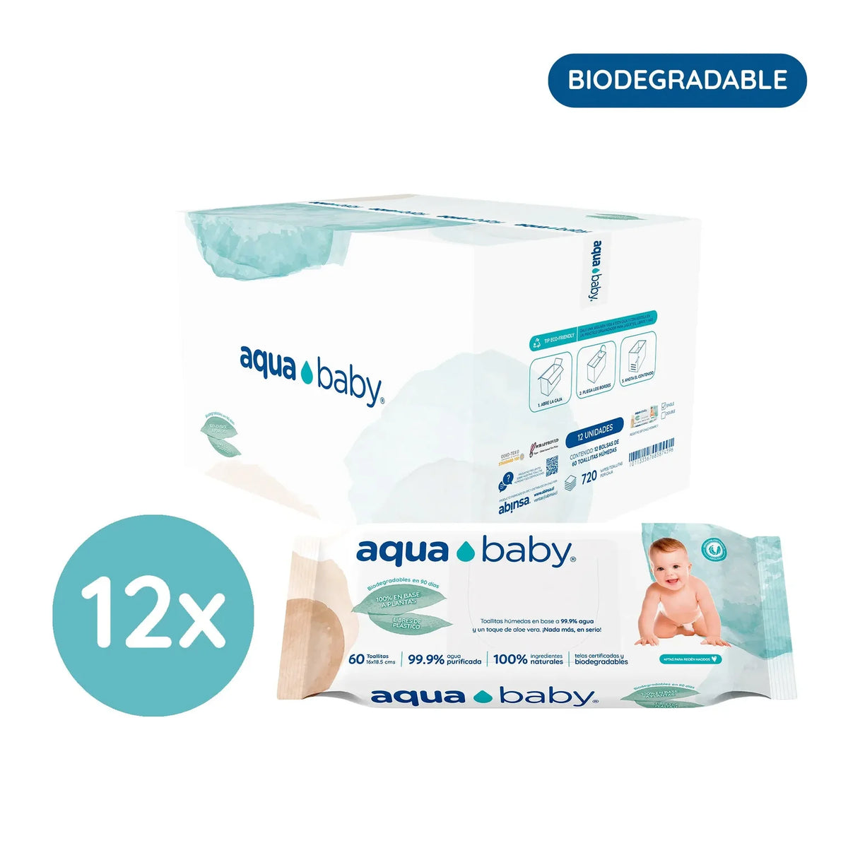 Toallitas Húmedas Biodegradables - Caja de 12 Paquetes de 60 Toallitas | Aqua Baby