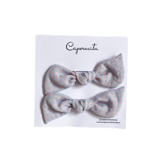 Set 2 Colet Orejitas de Oso - Tamaño S - Cuadrillé Celeste y Rosa | Caperucita