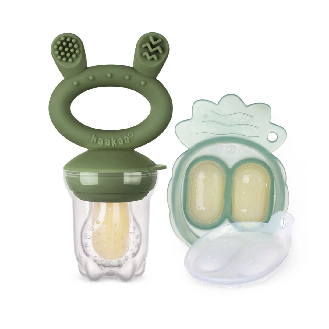 Pack Mordedor para Alimentos + 2 Mini Moldes de Helado - Verde Olivo | haakaa