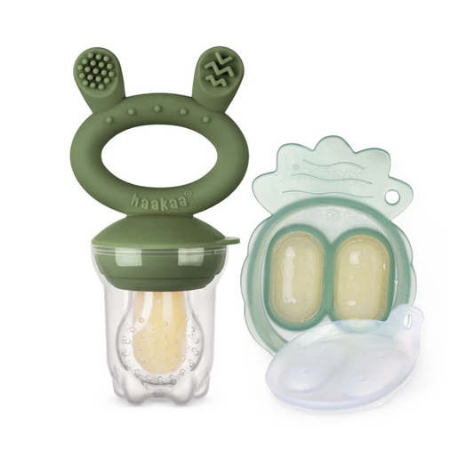 Pack Mordedor para Alimentos + 2 Mini Moldes de Helado - Verde Olivo | haakaa