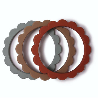 Pack de 3 Pulseras Mordedores de Silicona - Flower - Cambridge Blue / Clementine / Natural | Mushie