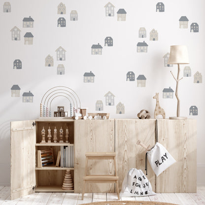 Stickers Decorativos Para Muros - Casitas Tricolor Gris | Murami