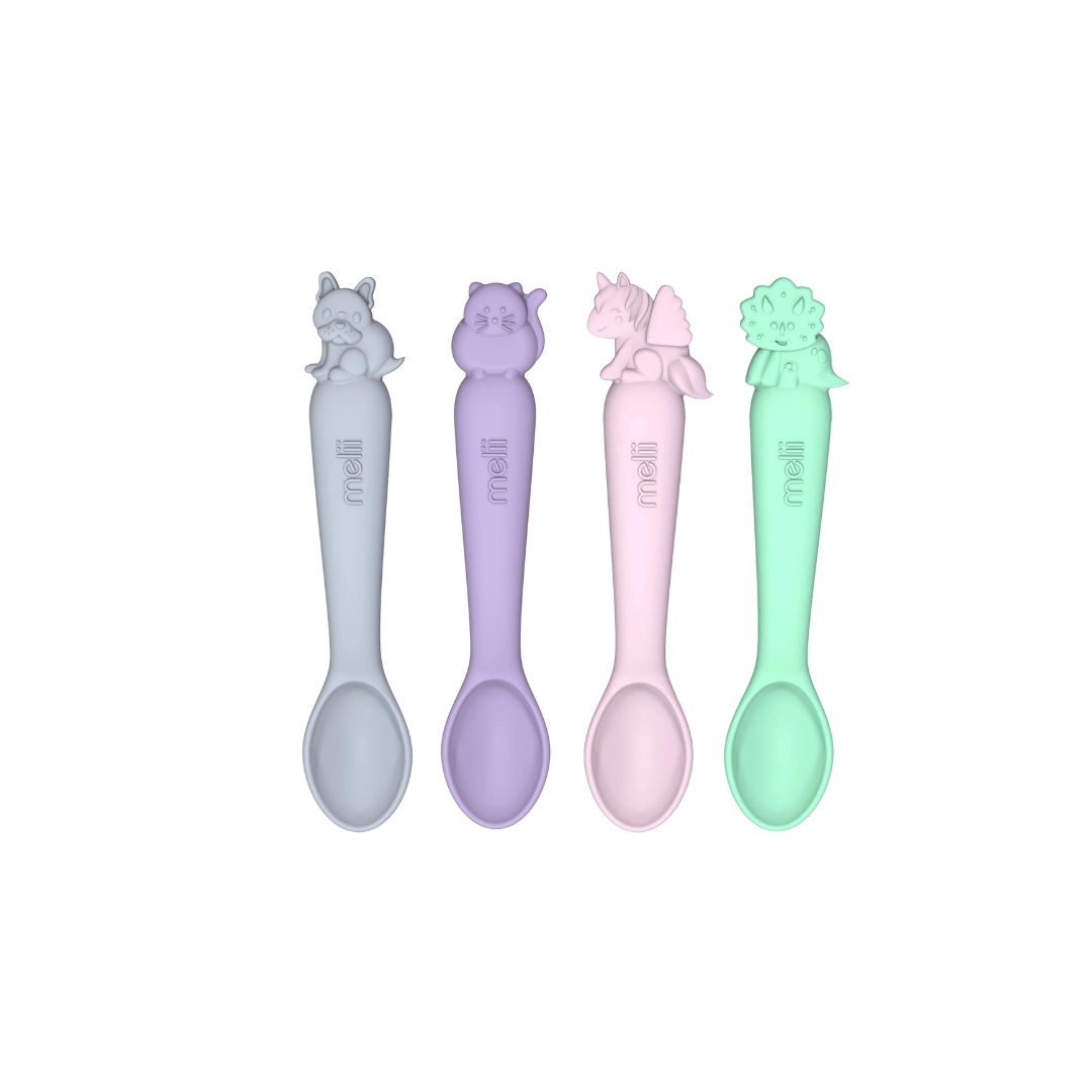 Set de Cucharas de Silicona - 4 unidades - Bulldog, Gato, Dino y Unicornio | Melii