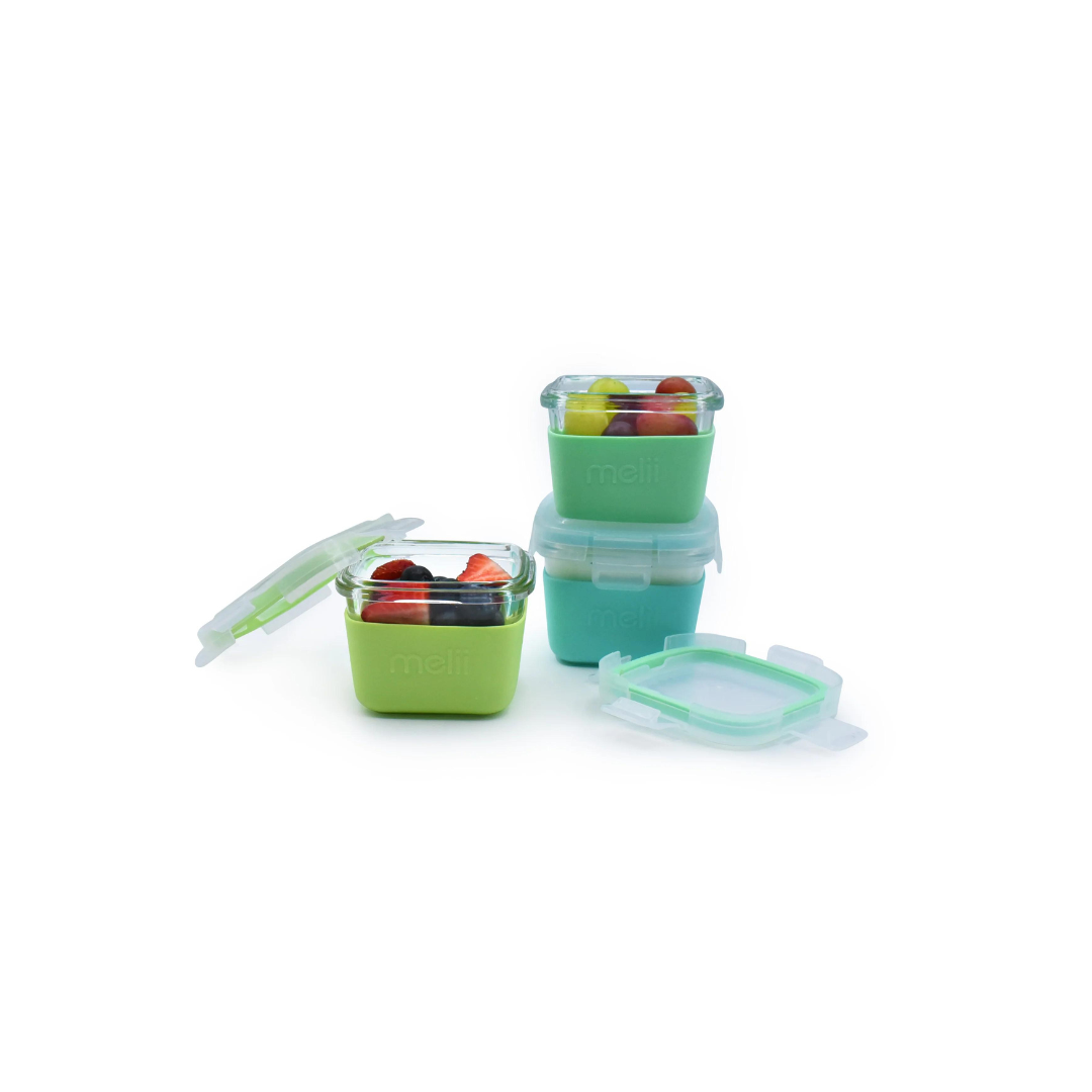 Pack de 3 Contenedores de Vidrio con Funda de Silicona 160ml - Verde y Azul | Melii