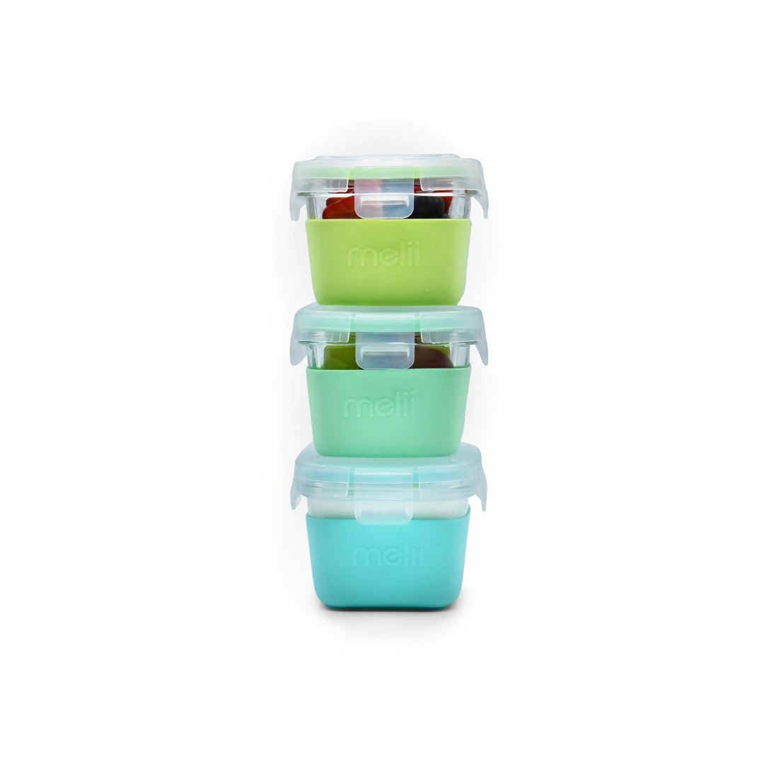 Pack de 3 Contenedores de Vidrio con Funda de Silicona 160ml - Verde y Azul | Melii