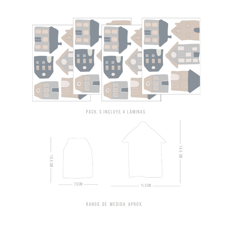 Stickers Decorativos Para Muros - Casitas Tricolor Gris | Murami