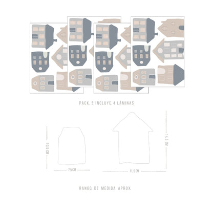 Stickers Decorativos Para Muros - Casitas Tricolor Gris | Murami