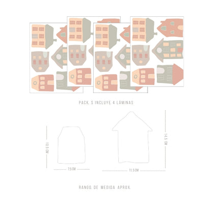 Stickers Decorativos Para Muros - Casitas Tricolor Naranjo | Murami