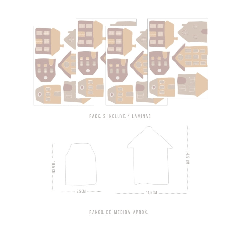Stickers Decorativos Para Muros - Casitas Rosa y Amarillo | Murami
