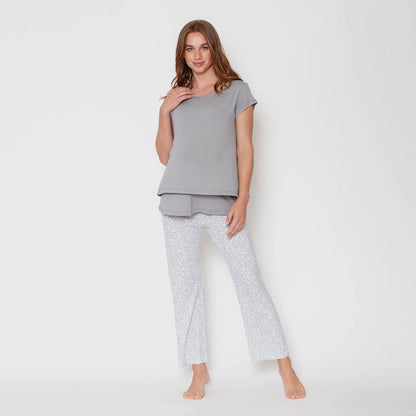 Pijama Maternal para Embarazo y Lactancia de Algodón Pima - Ramitas Grices | Nala Maternity