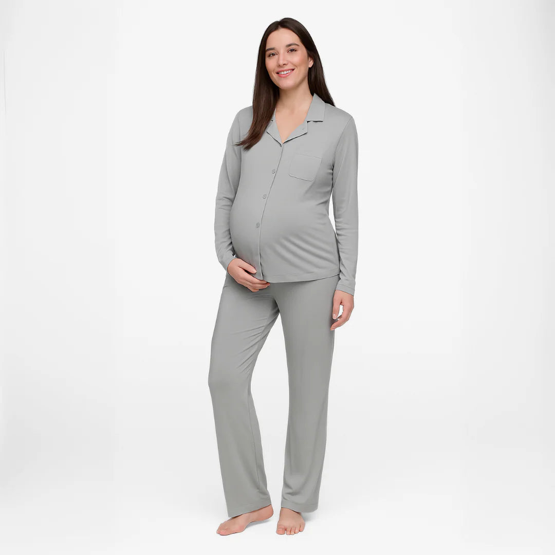 Pijama Maternal Camisero Manga Larga - Gris | Nala Maternity