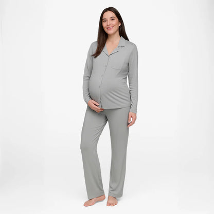 Pijama Maternal Camisero Manga Larga - Gris | Nala Maternity