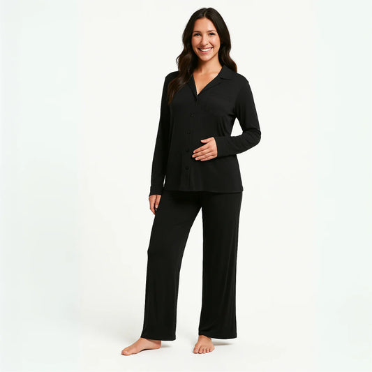 Pijama Maternal Camisero Manga Larga - Negro | Nala Maternity