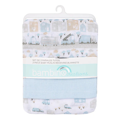 Pack de 3 Paños de Muselina - Autos y Edificios | Bambino