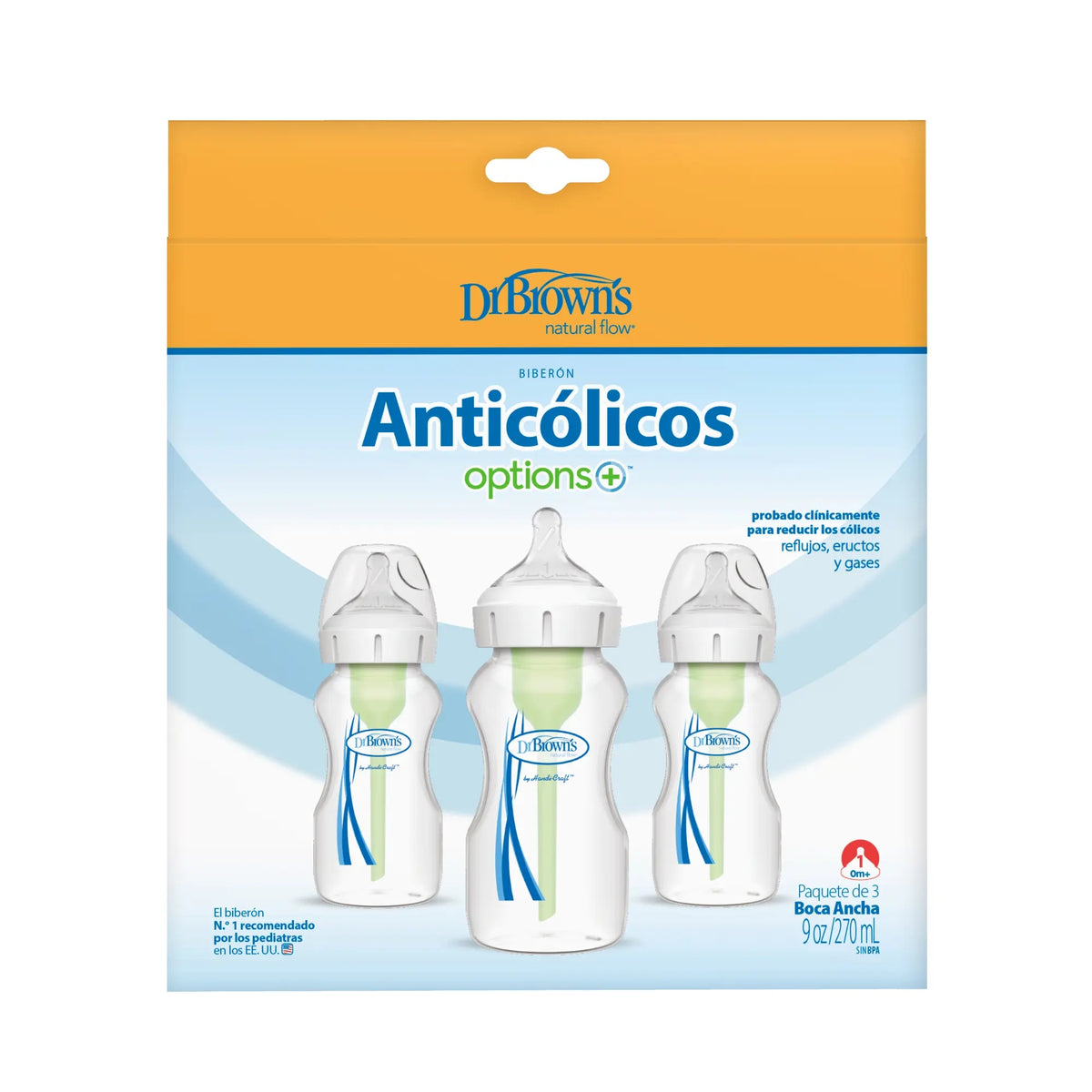 Pack de 3 Mamaderas Anticólicos Boca Ancha Options+  270ml | Dr. Brown's