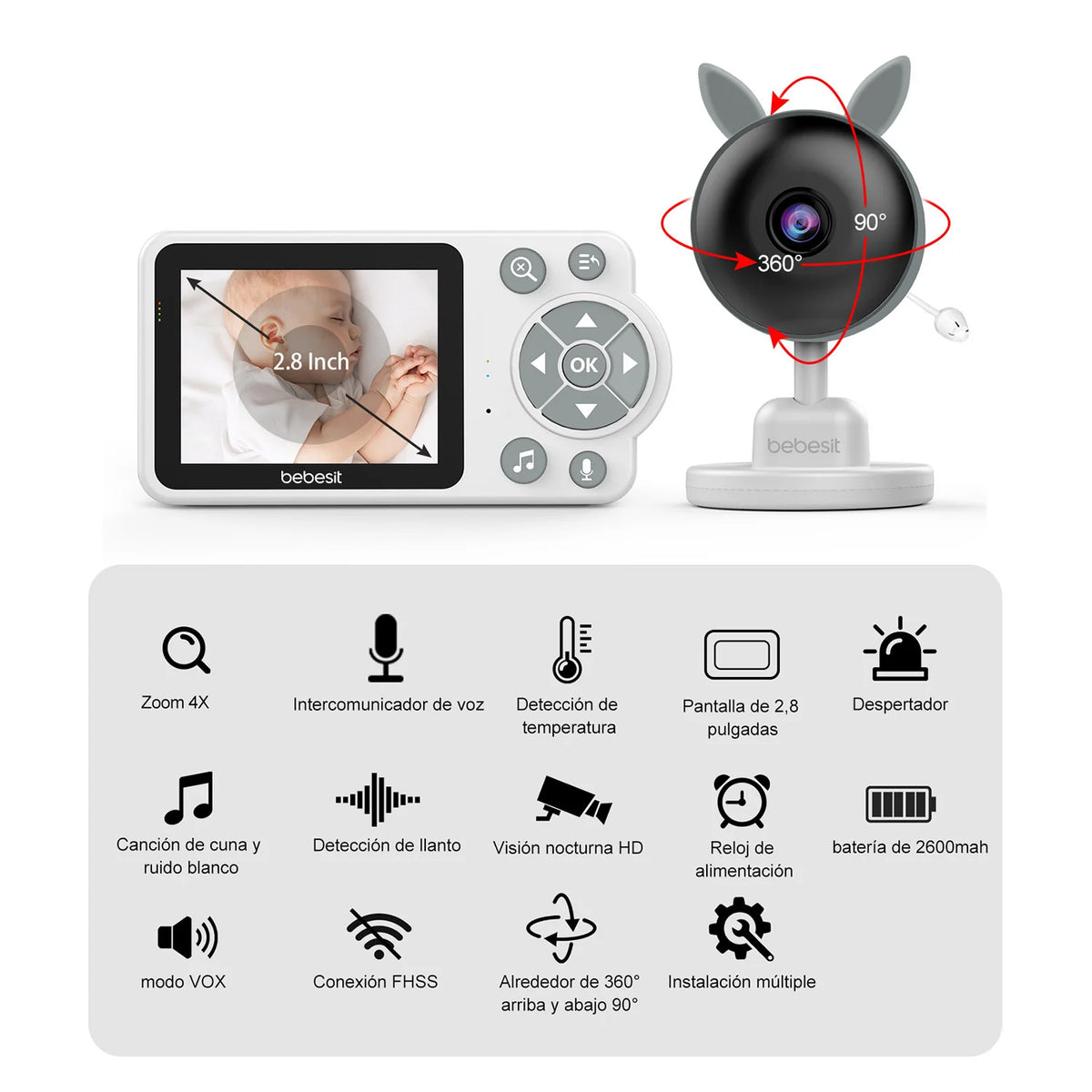 Monitor Cámara SmartGuard 2.0 con Zoom 4x y Ruido Blanco | Bebesit