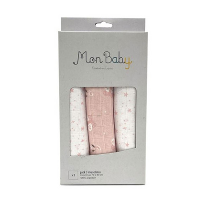 Pack de 3 Muselinas 80x70 cm - Estrellas Rosa | Mon Baby