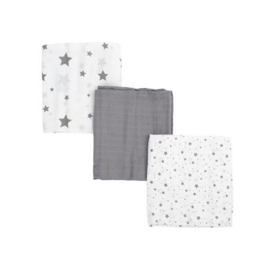 Pack de 3 Muselinas 80x70 cm - Estrellas Gris | Mon Baby