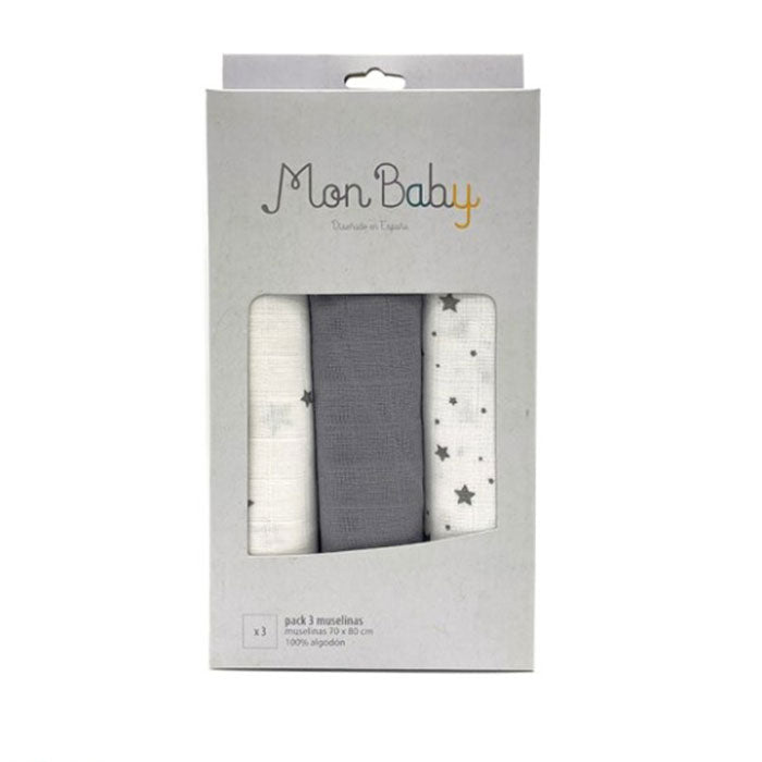 Pack de 3 Muselinas 80x70 cm - Estrellas Gris | Mon Baby