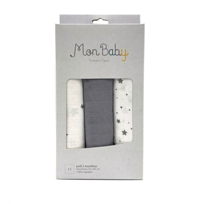 Pack de 3 Muselinas 80x70 cm - Estrellas Gris | Mon Baby