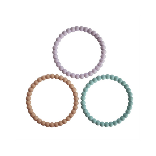 Pack de 3 Pulseras Mordedores de Silicona - Pearl -  Lilac - Cyan - Soft Peach | Mushie